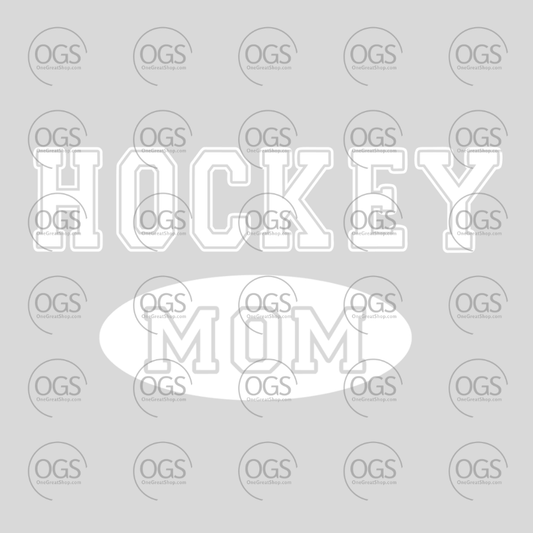 Sticker design with 'Hockey Mom' text on a gray background with OGS branding.