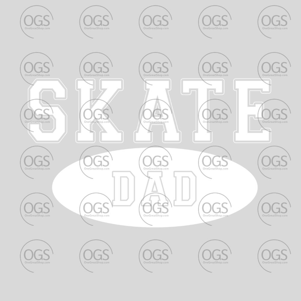 Text 'SKATE DAD' on figure skating apparel white font.