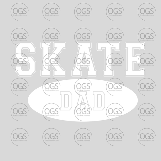 Text 'SKATE DAD' on figure skating apparel white font.