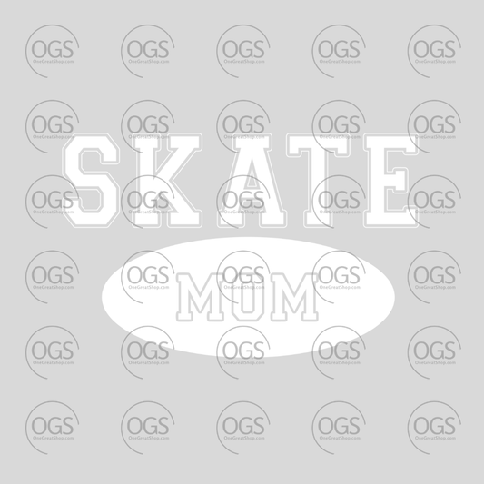 Text 'SKATE MOM' white font on figure skating apparel.