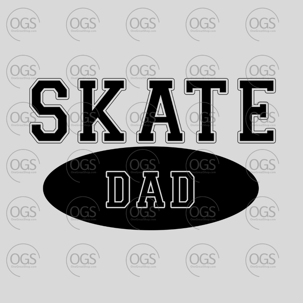 Text 'SKATE DAD' on figure skating apparel.