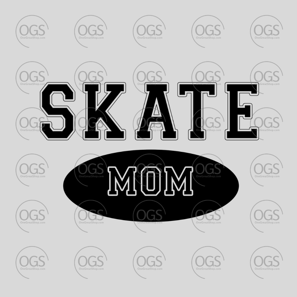Text 'SKATE MOM' black font on figure skating apparel.