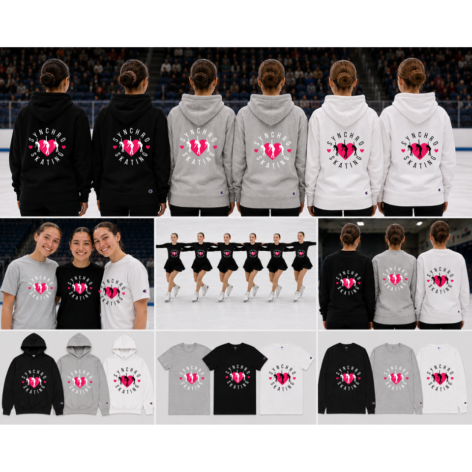 Collage of people wearing hoodies and t-shirts with a logo on a sports event background.