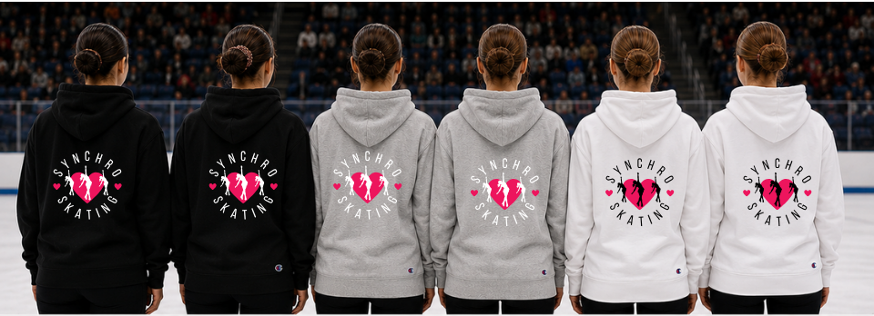 Five people wearing hoodies with a logo on the back, standing in a row.