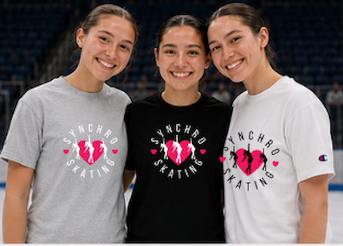Three individuals wearing t-shirts with synchro skating designs on a sports court.