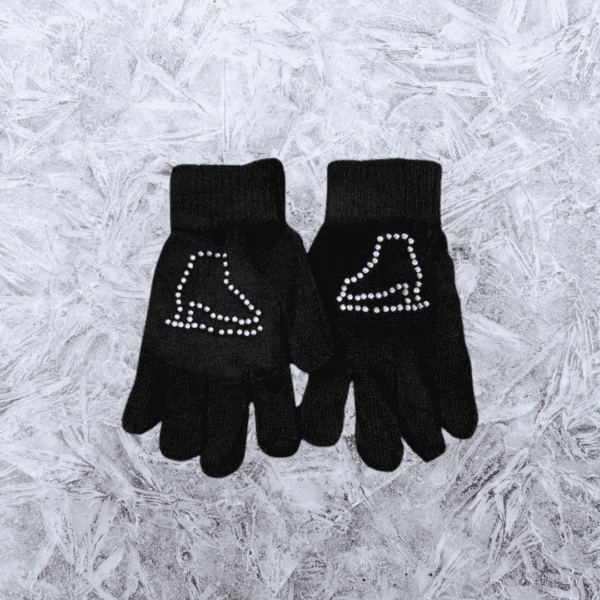 Knit gloves with rhinestone figure skate embellishment