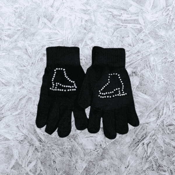 Knit gloves with rhinestone figure skate embellishment